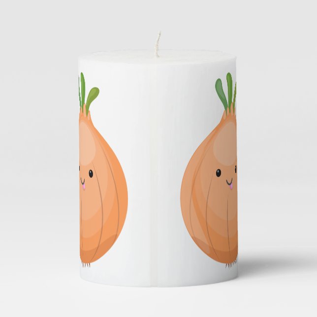 Cute happy brown onion green cartoon illustration pillar candle (Back)