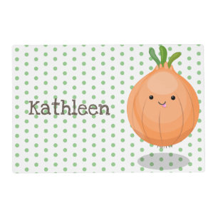 Cute happy brown onion green cartoon illustration placemat