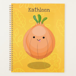 Cute happy brown onion green cartoon illustration planner