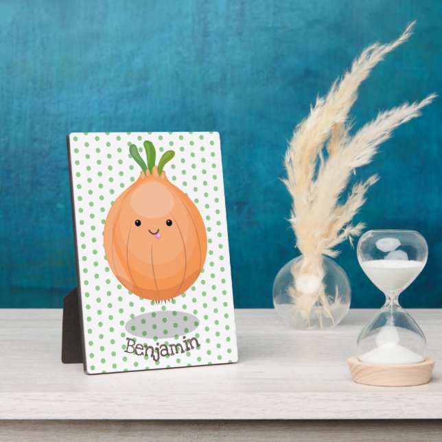 Cute happy brown onion green cartoon illustration plaque (Side)