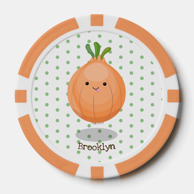 Cute happy brown onion green cartoon illustration poker chips (Front)