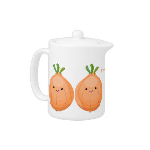 Cute happy brown onion green cartoon illustration teapot