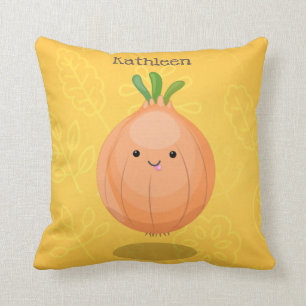 Cute happy brown onion green cartoon illustration throw pillow