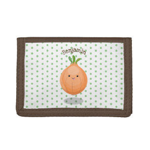 Cute happy brown onion green cartoon illustration trifold wallet