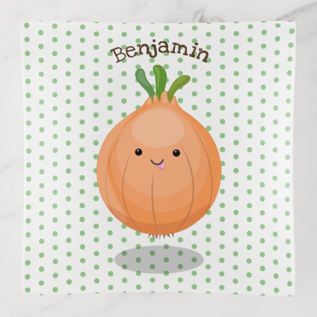 Cute happy brown onion green cartoon illustration trinket tray (Front)