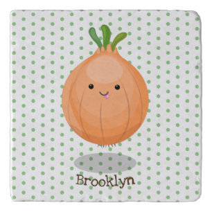Cute happy brown onion green cartoon illustration trivet