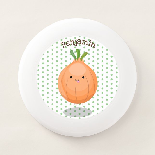 Cute happy brown onion green cartoon illustration Wham-O frisbee (Front)