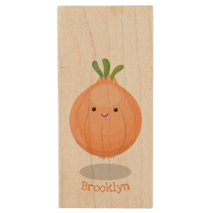 Cute happy brown onion green cartoon illustration wood flash drive