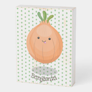 Cute happy brown onion green cartoon illustration wooden box sign
