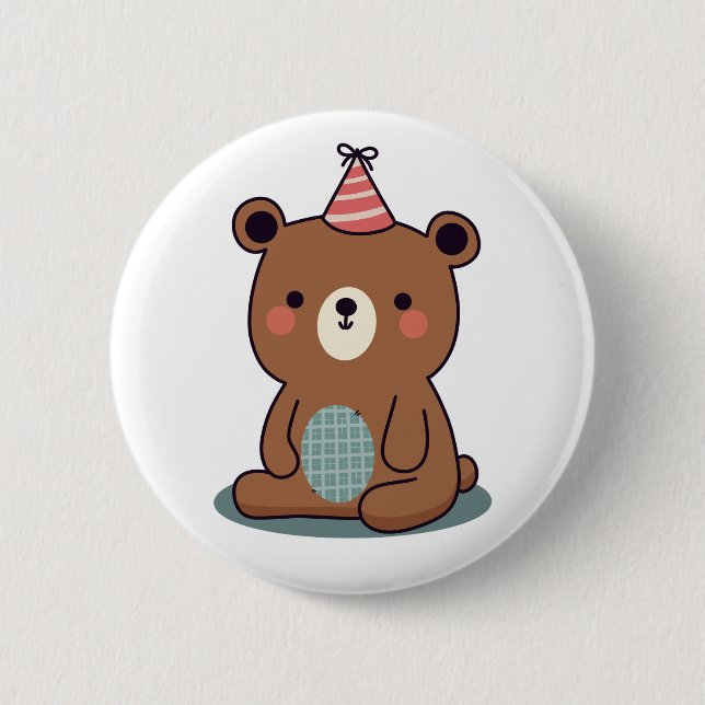 Cute Happy Brown Party Bear  Button (Front)