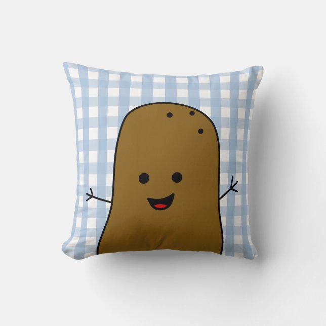 Cute Happy Brown Potato Blue Gingham Throw Pillow (Front)