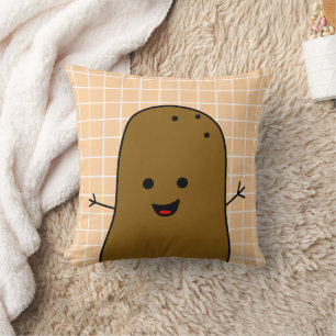 Cute Happy Brown Potato Peach White Grid Throw Pillow