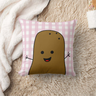 Cute Happy Brown Potato Pink Gingham Throw Pillow