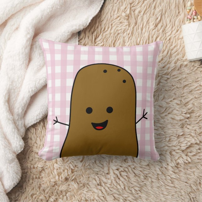 Cute Happy Brown Potato Pink Gingham Throw Pillow (Blanket)
