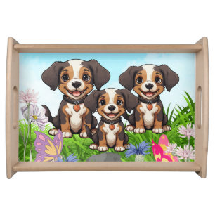 Cute Happy Brown & White Dogs Butterflies Flowers  Serving Tray