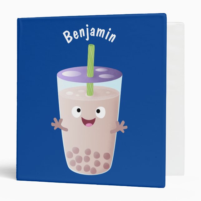 Cute happy bubble tea boba cartoon character 3 ring binder (Front/Inside)