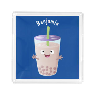 Cute happy bubble tea boba cartoon character acrylic tray
