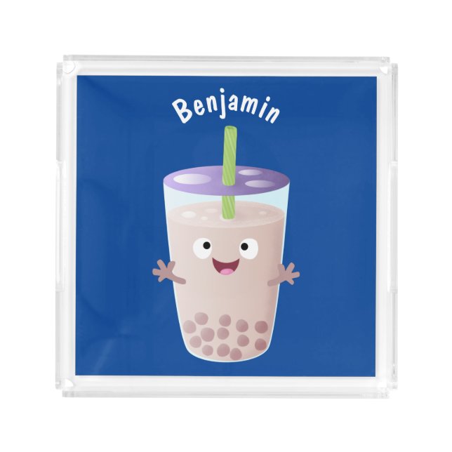 Cute happy bubble tea boba cartoon character acrylic tray (Front)