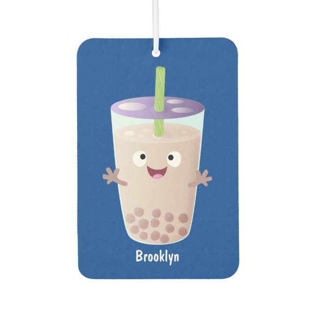 Cute happy bubble tea boba cartoon character air freshener (Front)