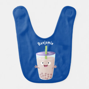 Cute happy bubble tea boba cartoon character baby bib