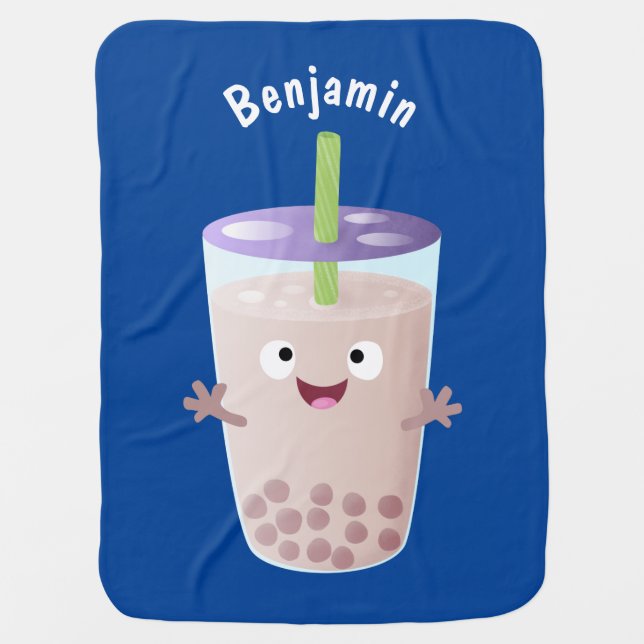 Cute happy bubble tea boba cartoon character baby blanket (Front)