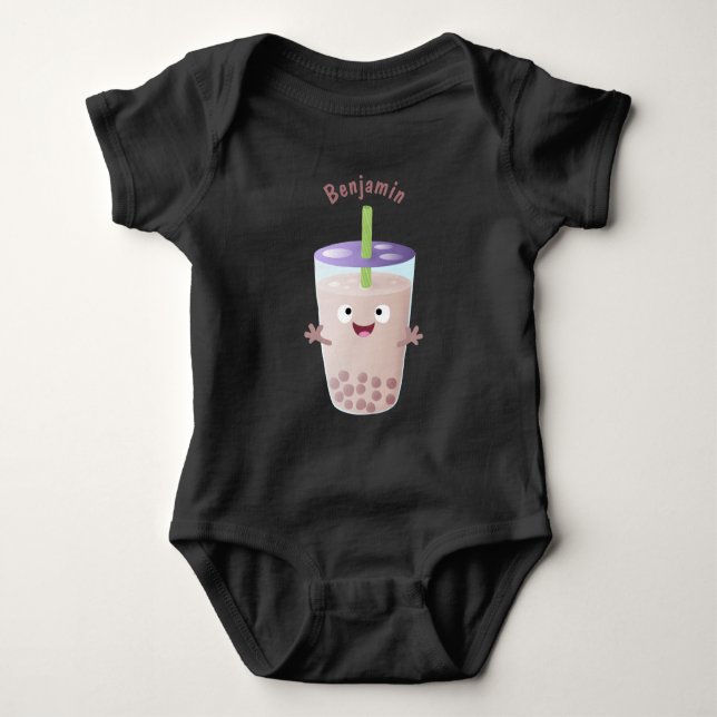 Cute happy bubble tea boba cartoon character baby bodysuit (Front)