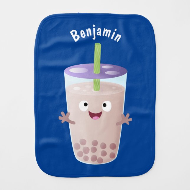 Cute happy bubble tea boba cartoon character  baby burp cloth (Front)