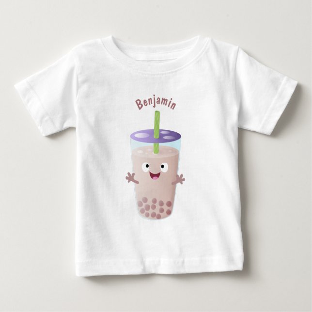 Cute happy bubble tea boba cartoon character baby T-Shirt (Front)