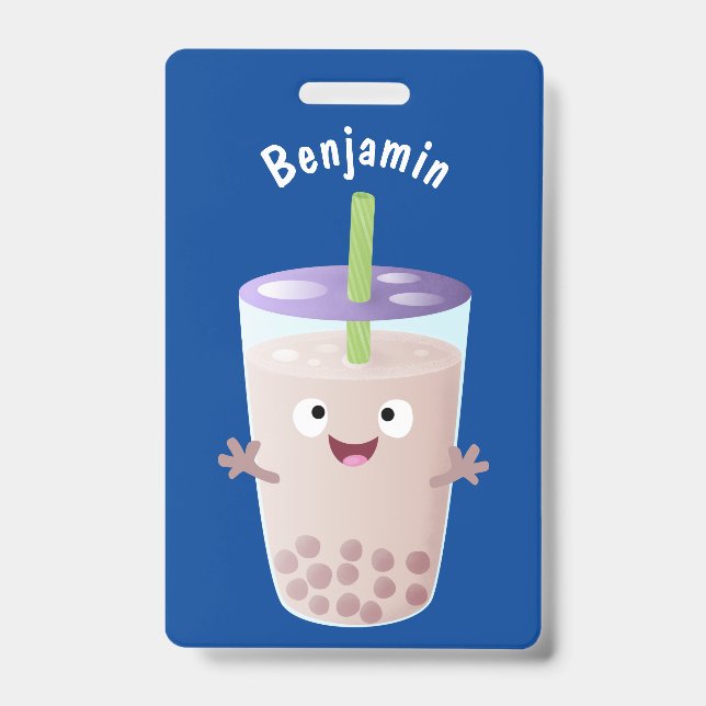 Cute happy bubble tea boba cartoon character badge (Front)