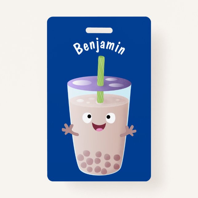 Cute happy bubble tea boba cartoon character badge (Front)