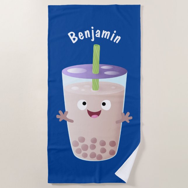 Cute happy bubble tea boba cartoon character beach towel (Front)