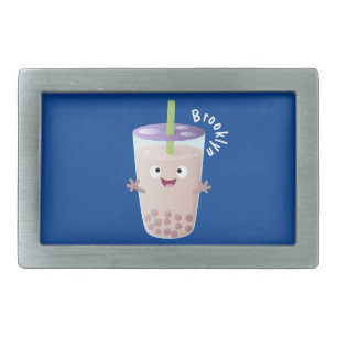 Cute happy bubble tea boba cartoon character belt buckle