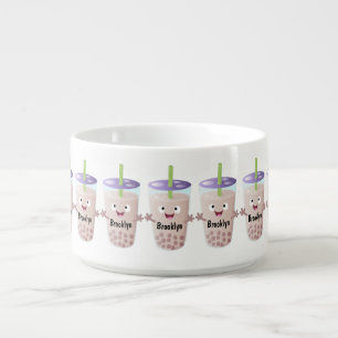Cute happy bubble tea boba cartoon character bowl