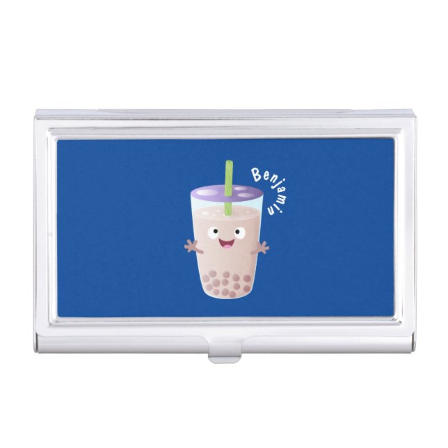 Cute happy bubble tea boba cartoon character business card case (Front)
