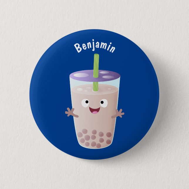 Cute happy bubble tea boba cartoon character button (Front)