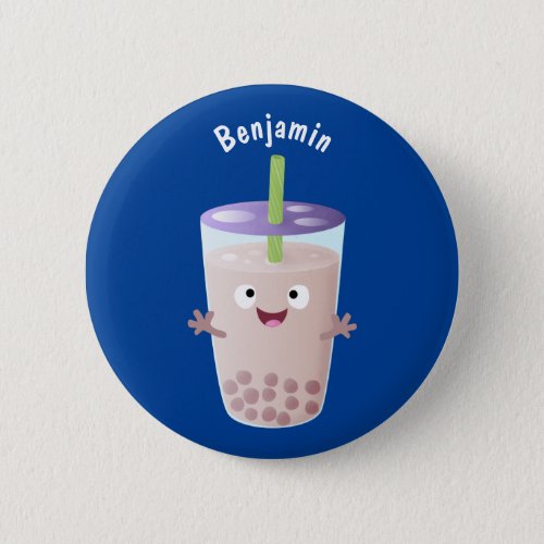 Cute happy bubble tea boba cartoon character button