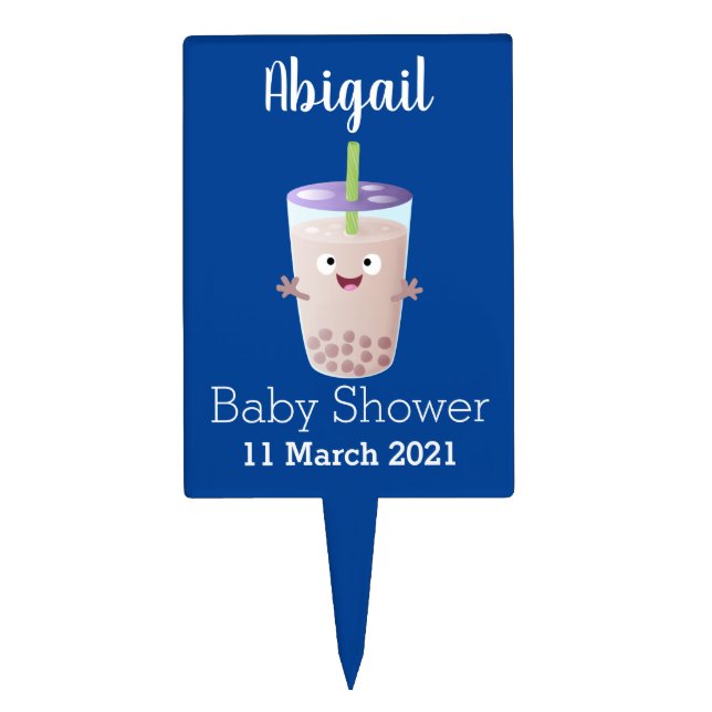 Cute happy bubble tea boba cartoon character cake topper (Front)