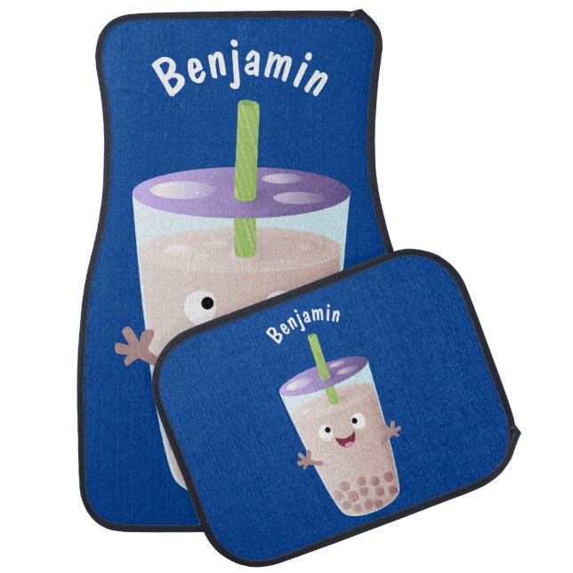 Cute happy bubble tea boba cartoon character car floor mat (Set)