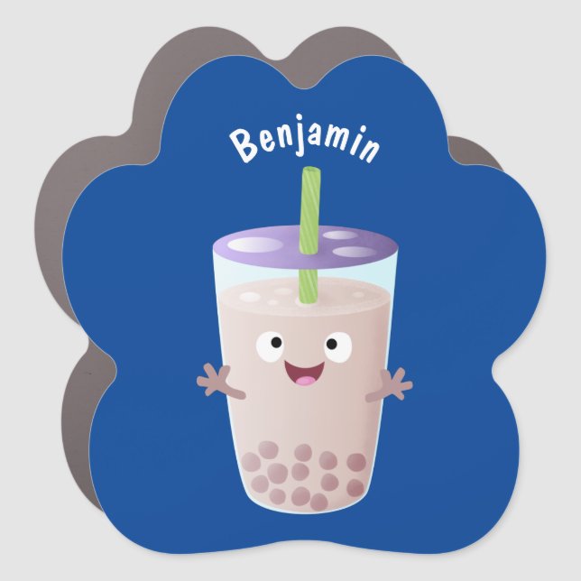 Cute happy bubble tea boba cartoon character car magnet (Front)