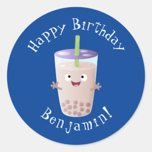 Cute happy bubble tea boba cartoon character classic round sticker