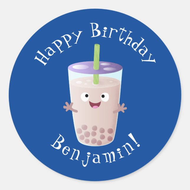Cute happy bubble tea boba cartoon character classic round sticker (Front)