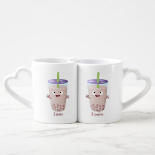 Cute happy bubble tea boba cartoon character coffee mug set