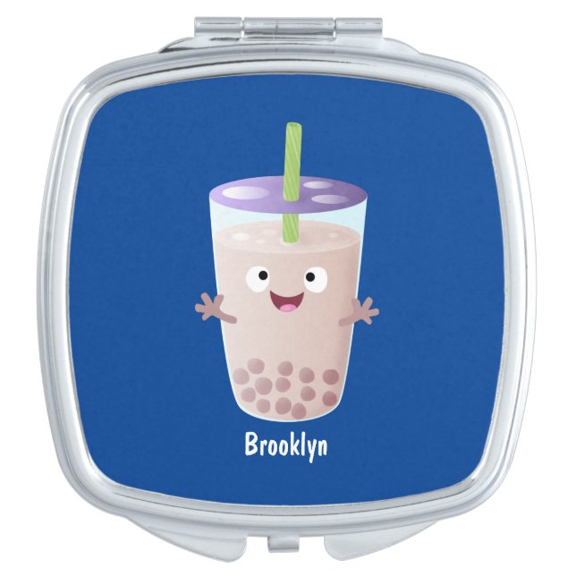 Cute happy bubble tea boba cartoon character  compact mirror (Front)