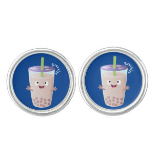 Cute happy bubble tea boba cartoon character cufflinks