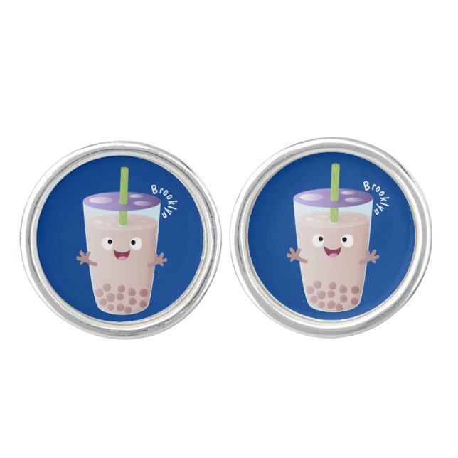 Cute happy bubble tea boba cartoon character cufflinks (Front)