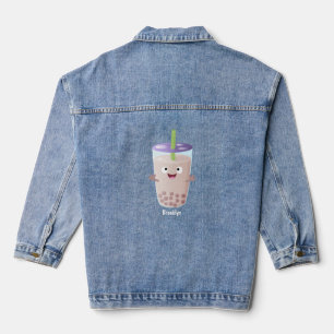 Cute happy bubble tea boba cartoon character denim jacket