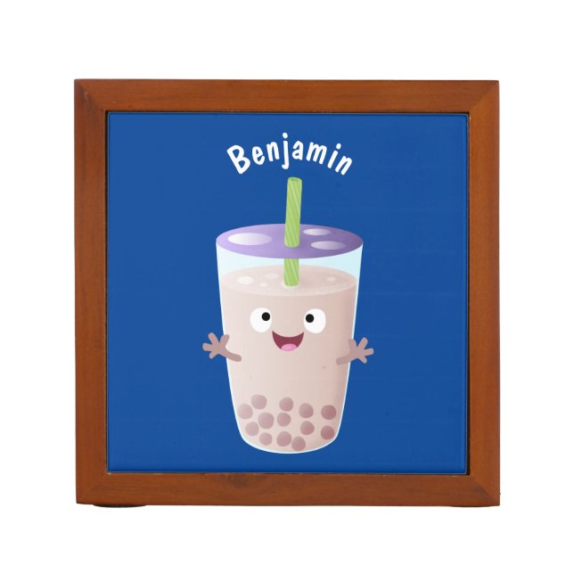 Cute happy bubble tea boba cartoon character desk organizer (Front)