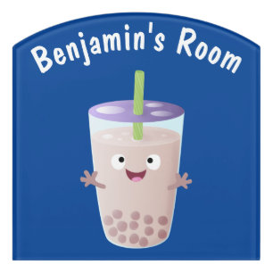 Cute happy bubble tea boba cartoon character door sign
