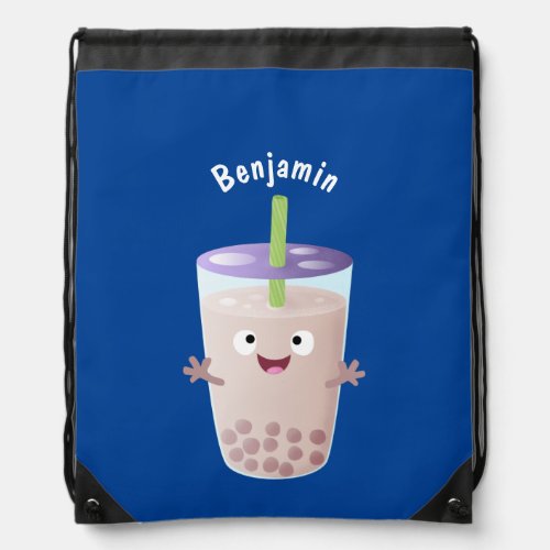 Cute happy bubble tea boba cartoon character  drawstring bag