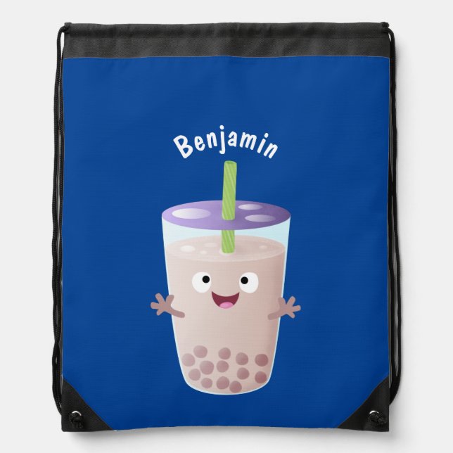 Cute happy bubble tea boba cartoon character  drawstring bag (Front)